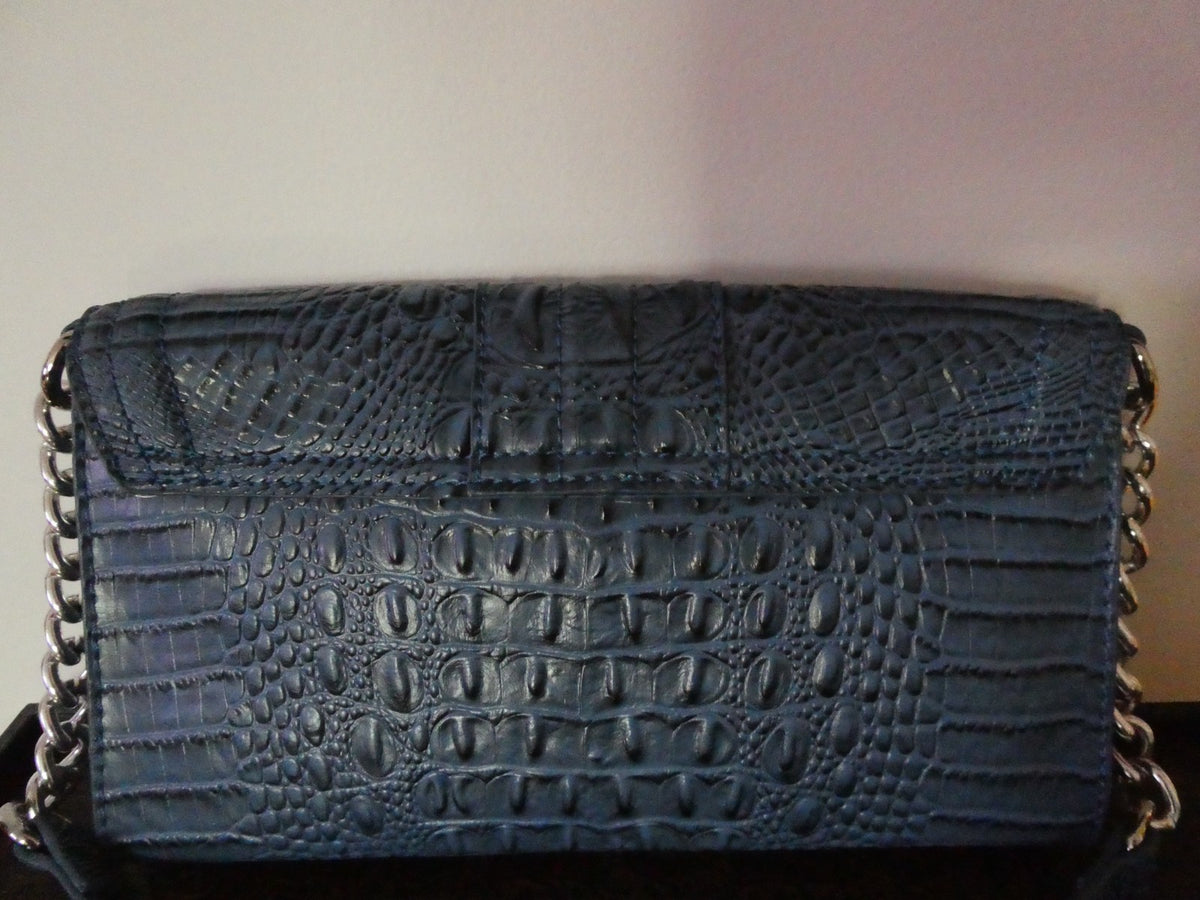 Mark Fisher Women’s Purse Handbag Blue Croc Print Faux Chain Clutch Silver Snap