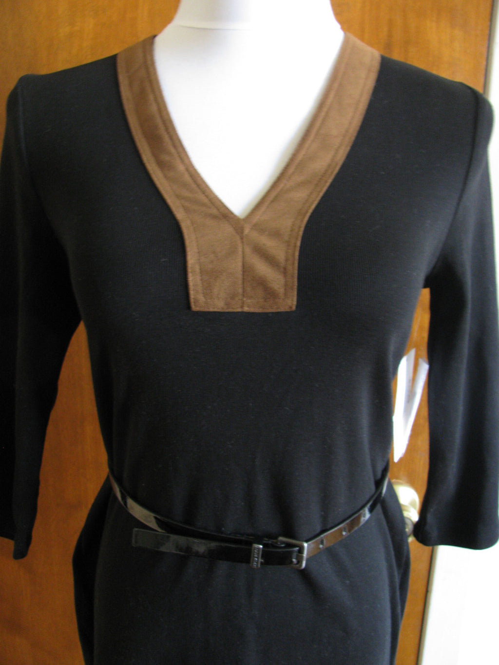 Ralph Lauren Women's Black Brown Stylish Detailed Cotton 3/4 Sleeves Dress Large
