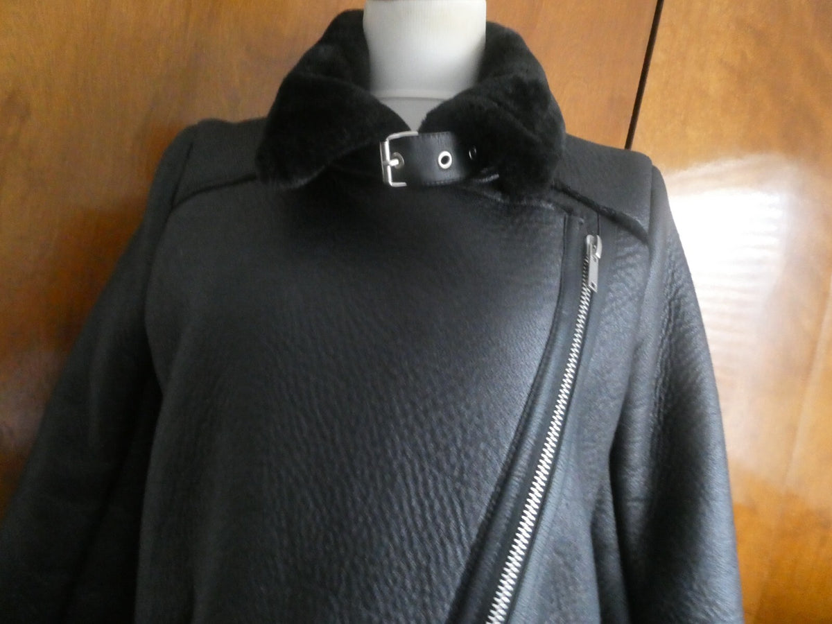 LY VAREY LIN Women's Black Faux Shearing Lined Warm Winter Moto Jacket Small