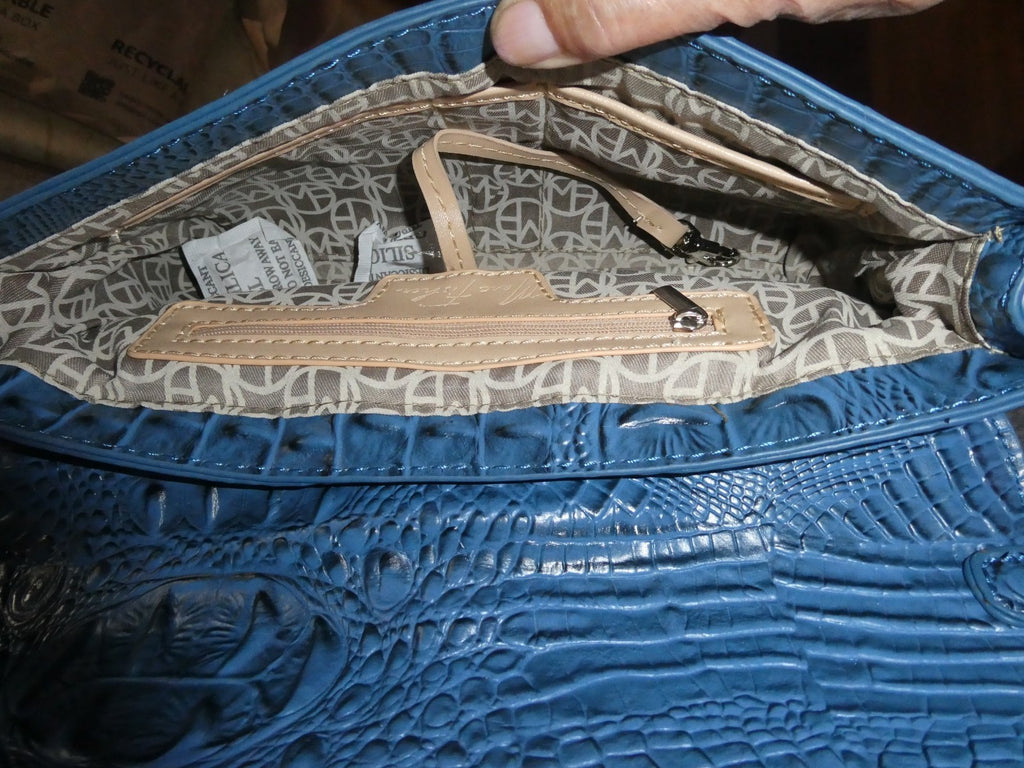 Mark Fisher Women’s Purse Handbag Blue Croc Print Faux Chain Clutch Silver Snap