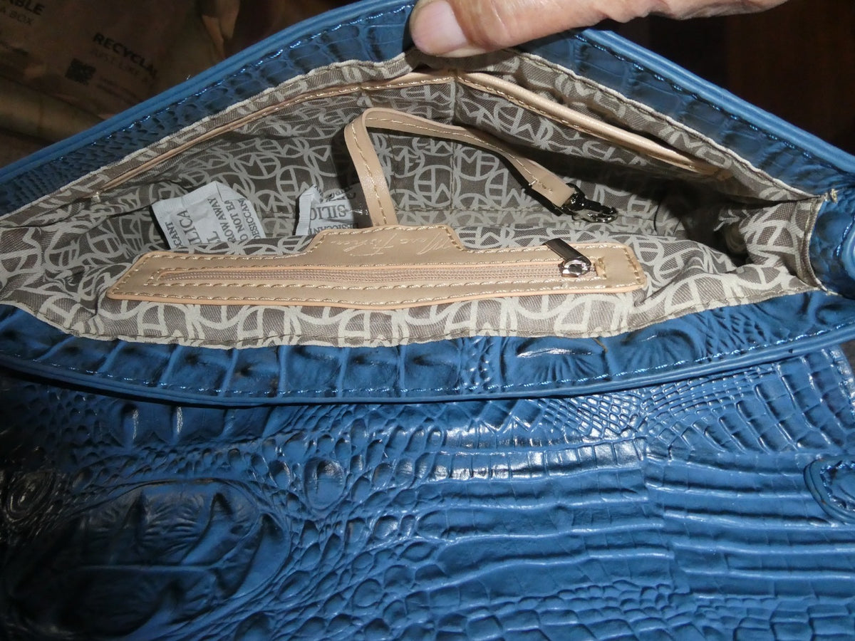Mark Fisher Women’s Purse Handbag Blue Croc Print Faux Chain Clutch Silver Snap