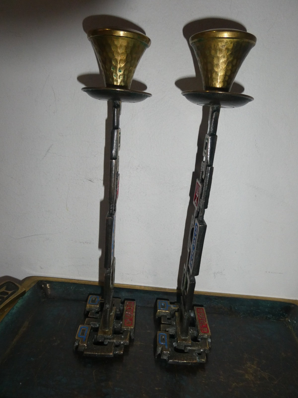 Vintage Made in Israel Brass Shabbat Candlesticks & Tray Set