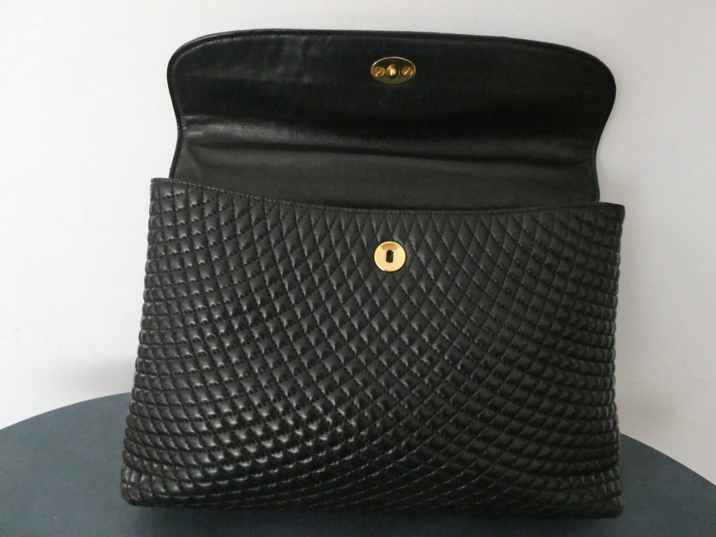 Vintage Bally Women's Black Quilted Leather Top Handle Handbag Gold Tone Italy