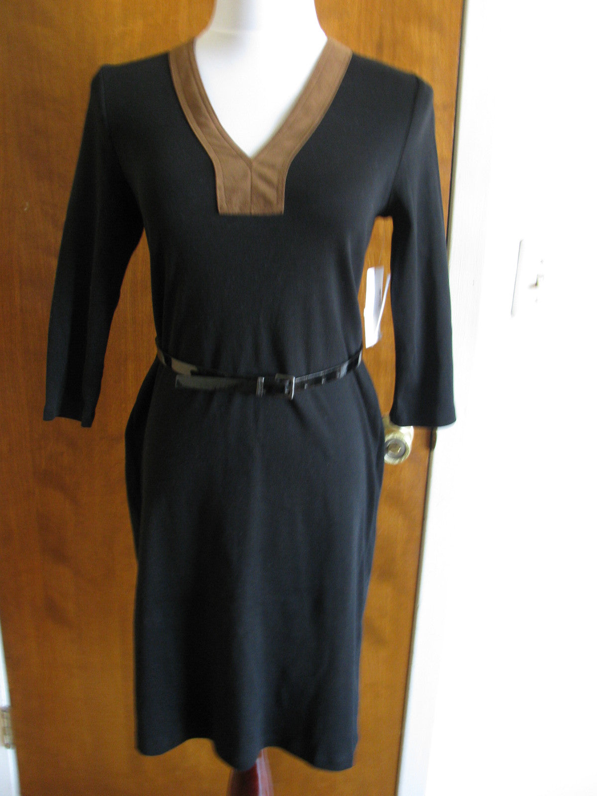 Ralph Lauren Women's Black Brown Stylish Detailed Cotton 3/4 Sleeves Dress Large