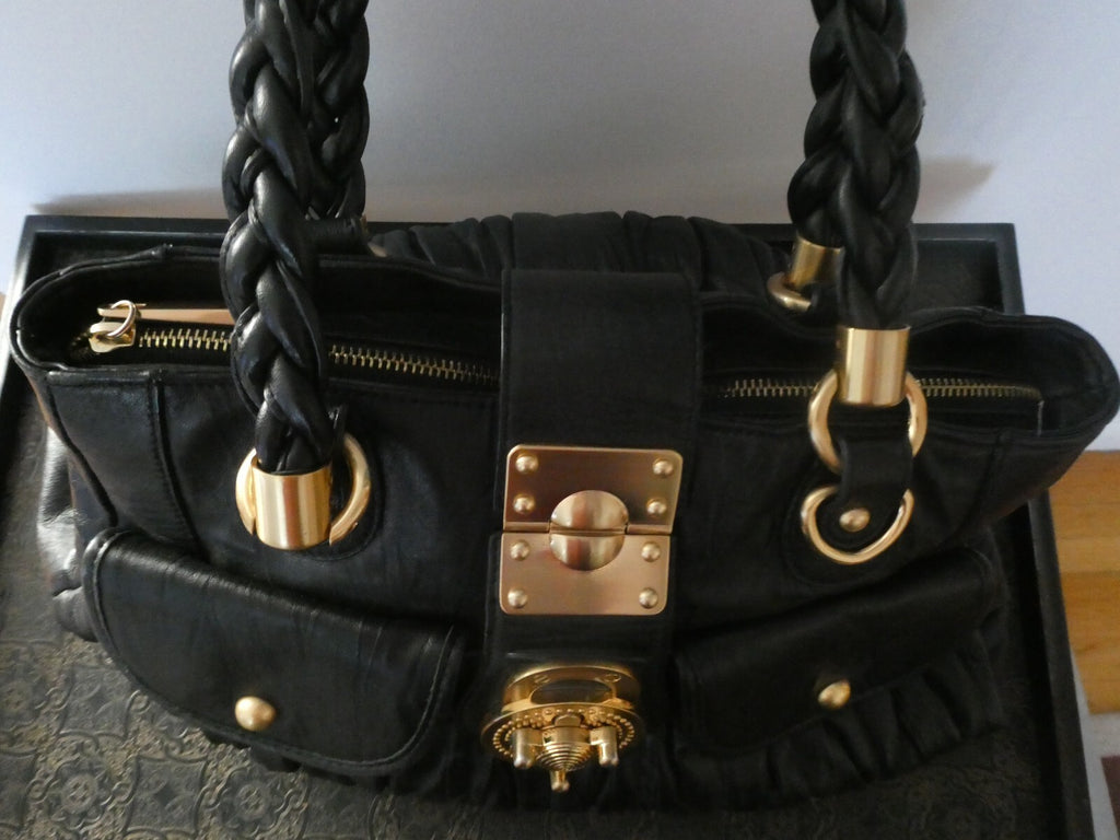 Steven by Steve Madden Women’s Black Genuine Leather Shoulder Bag Gold Turn Lock
