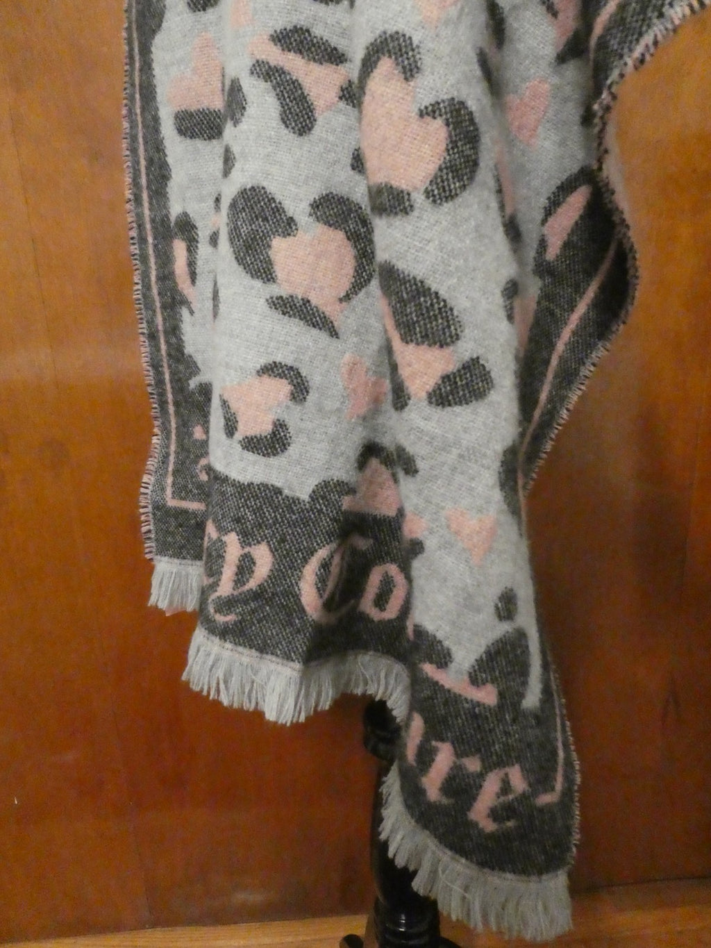 Juicy Couture Leopard Heart Print Scarf 72"x22" Gray Pink Logo Fringe Wrap