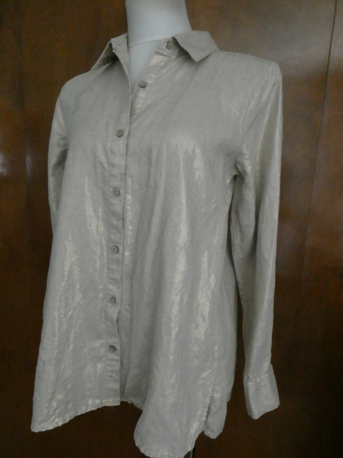 Kate Hill Woman LINEN Button-Down Shirt Top Glimmer Color Size Small