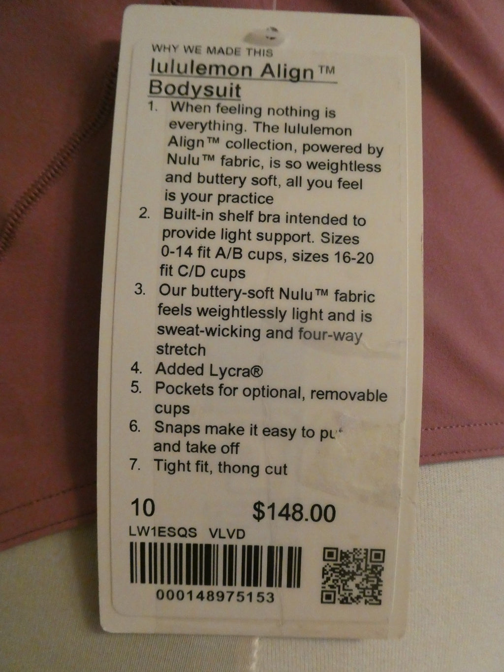 Lululemon Women Pink Align Bodysuit with Build-in Bra Sz 10 Original price $148