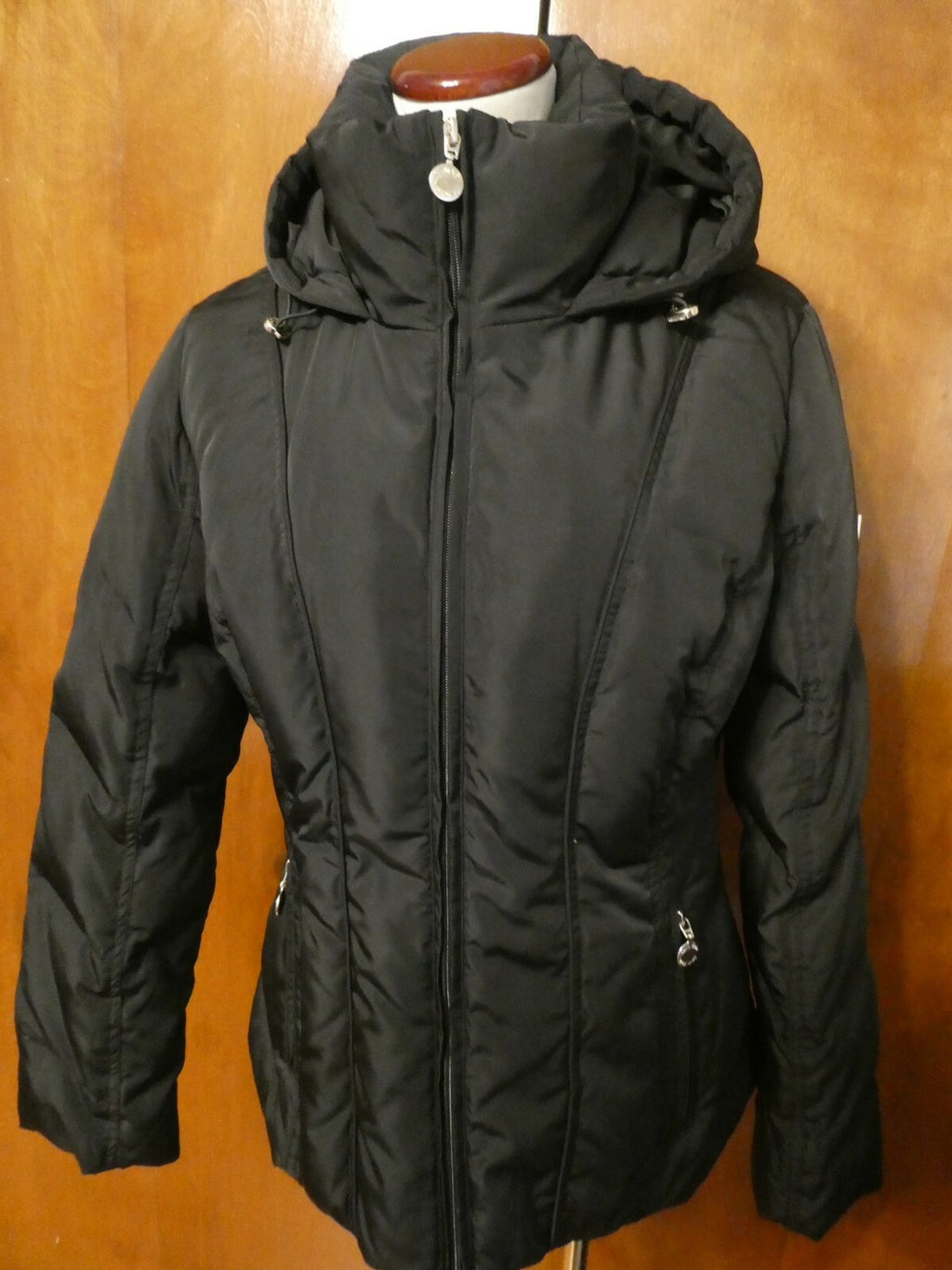 Calvin Klein Womens Duck Down Waterfowl Feathers Black Winter Hooded Coat Medium