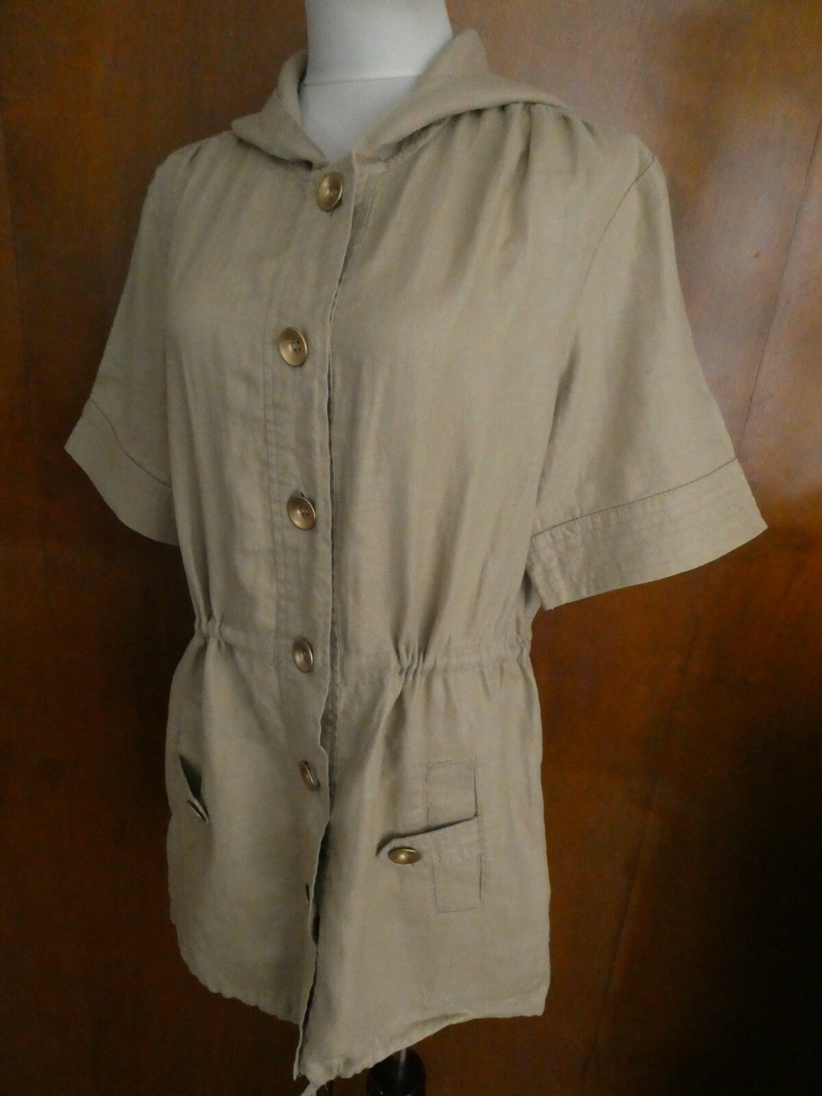 Live a Little linen beige stylish hooded tunic jacket top size Large
