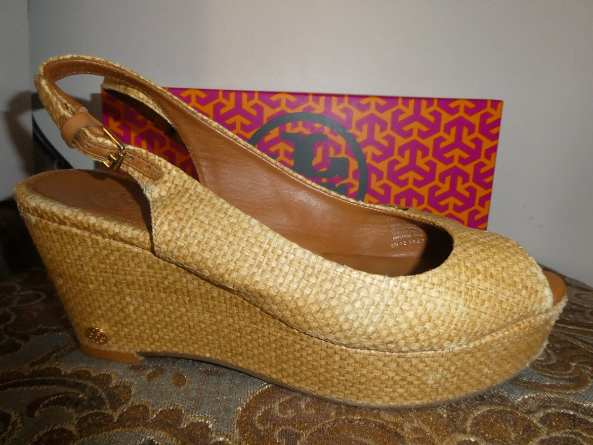 Tory Burch Textile Upper Leather Wedge Sandal Beige Size 7M