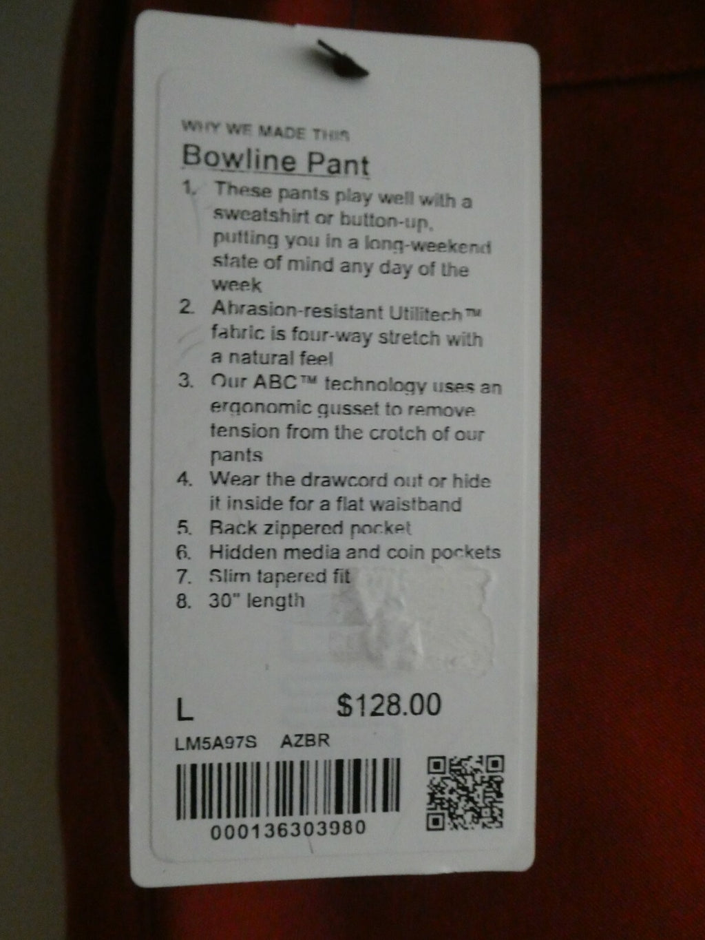 Lululemon Men's Aztec Brick Bowline Pants Utilitech Stretch Chino Jogger 