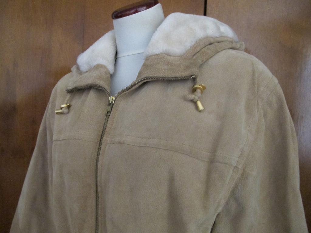 Women's Colebrook Beige Hooded Leather Winter Coat Medium
