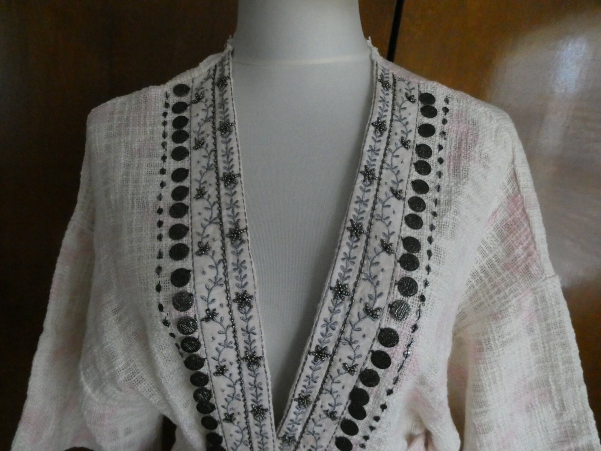 Anthropologie Beautiful Stories Livia Textured Kimono Beaded Wrap Jacket Fit ALL