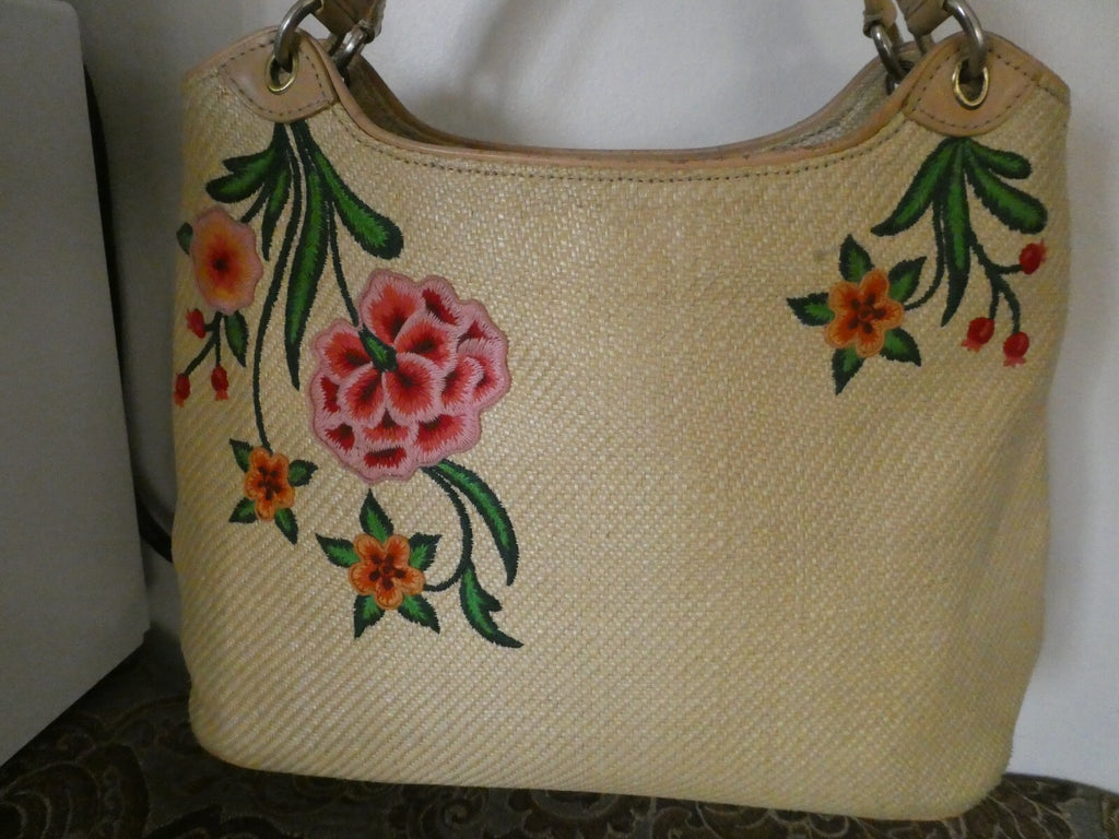 Cole Haan Embroidered Woven Straw Purse / Handbag with Gold Tone