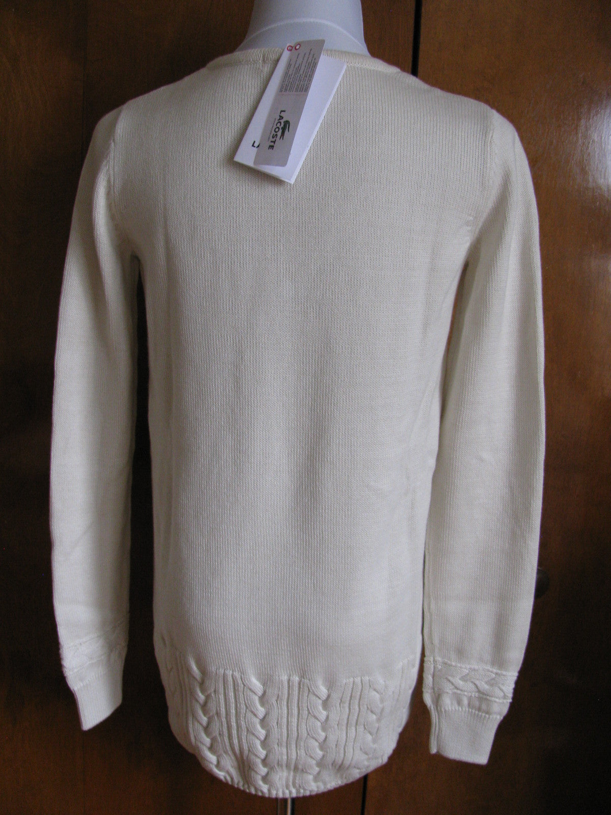 Lacoste Women’s Off White Cotton V Neck Long Sweater Size 6, 8