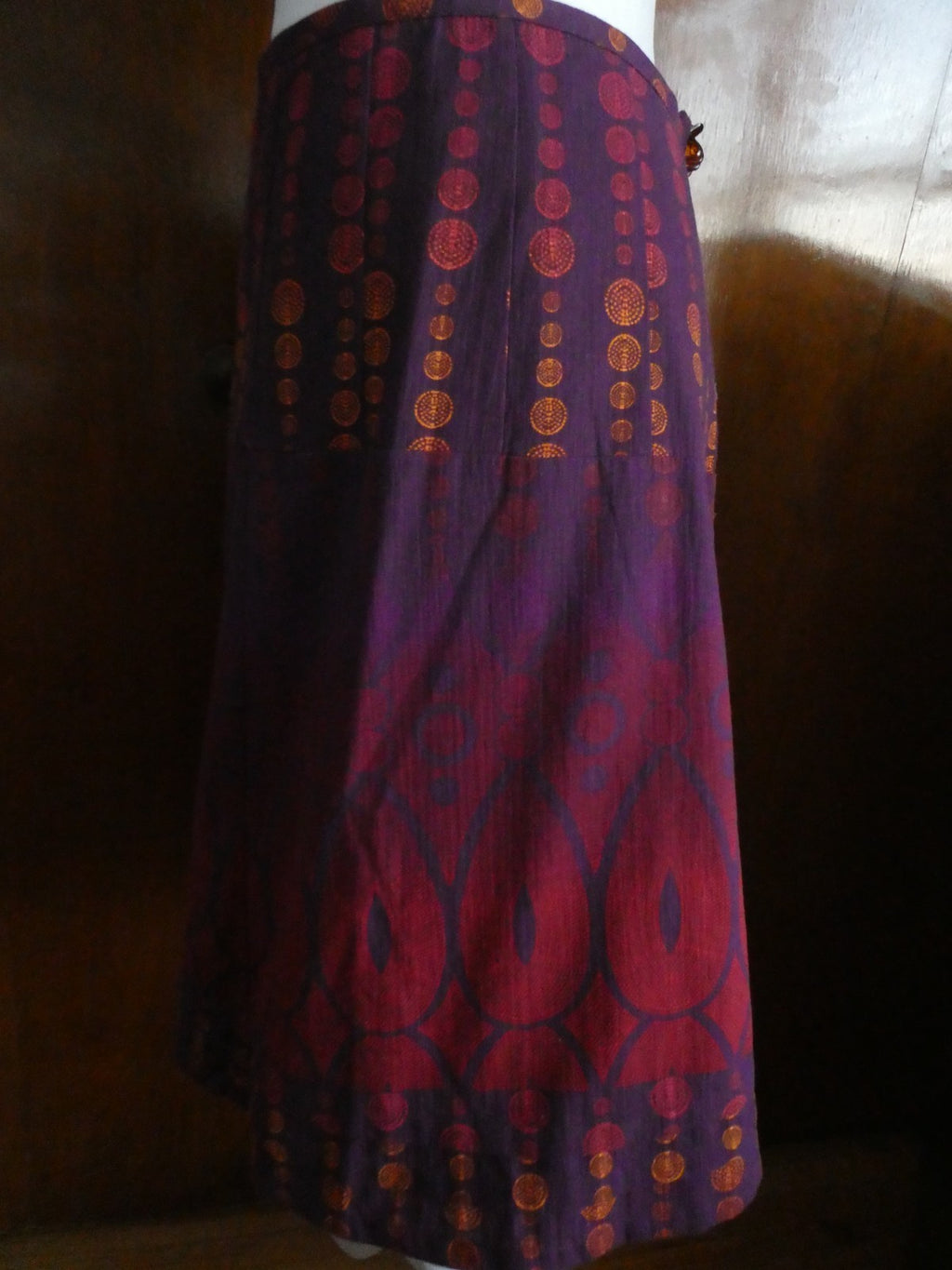 DKNY Jeans Women Skirt Sz 12 Purple Red Print A-Line Lined Cotton Style KCMUA295