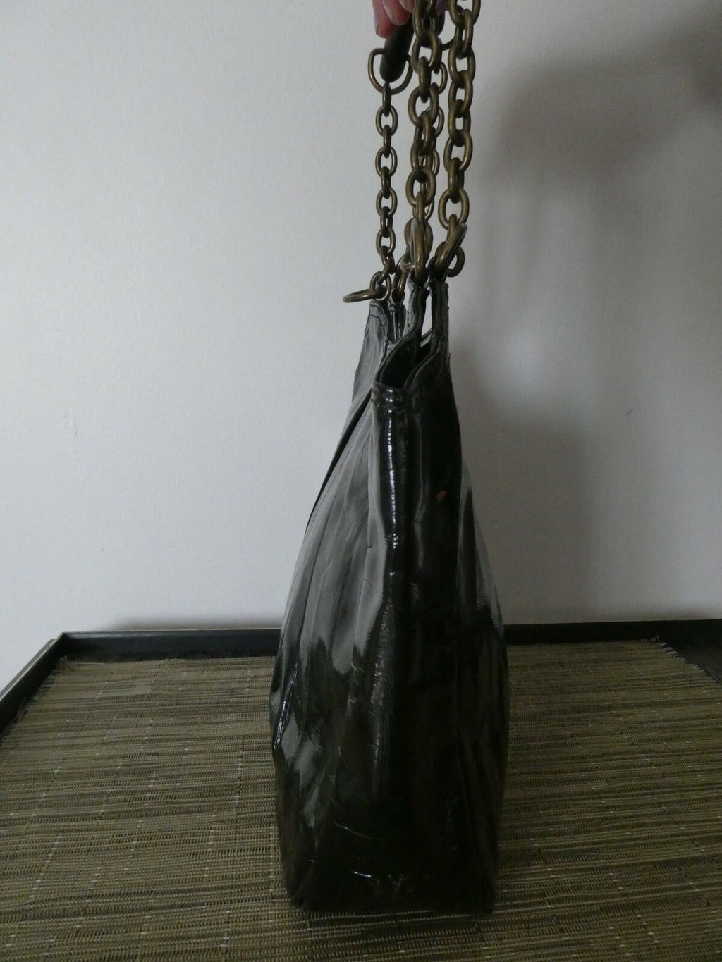 Linea JN1United Colors Of Benetton Dark Green Faux Patent Lined Handbag Purse 