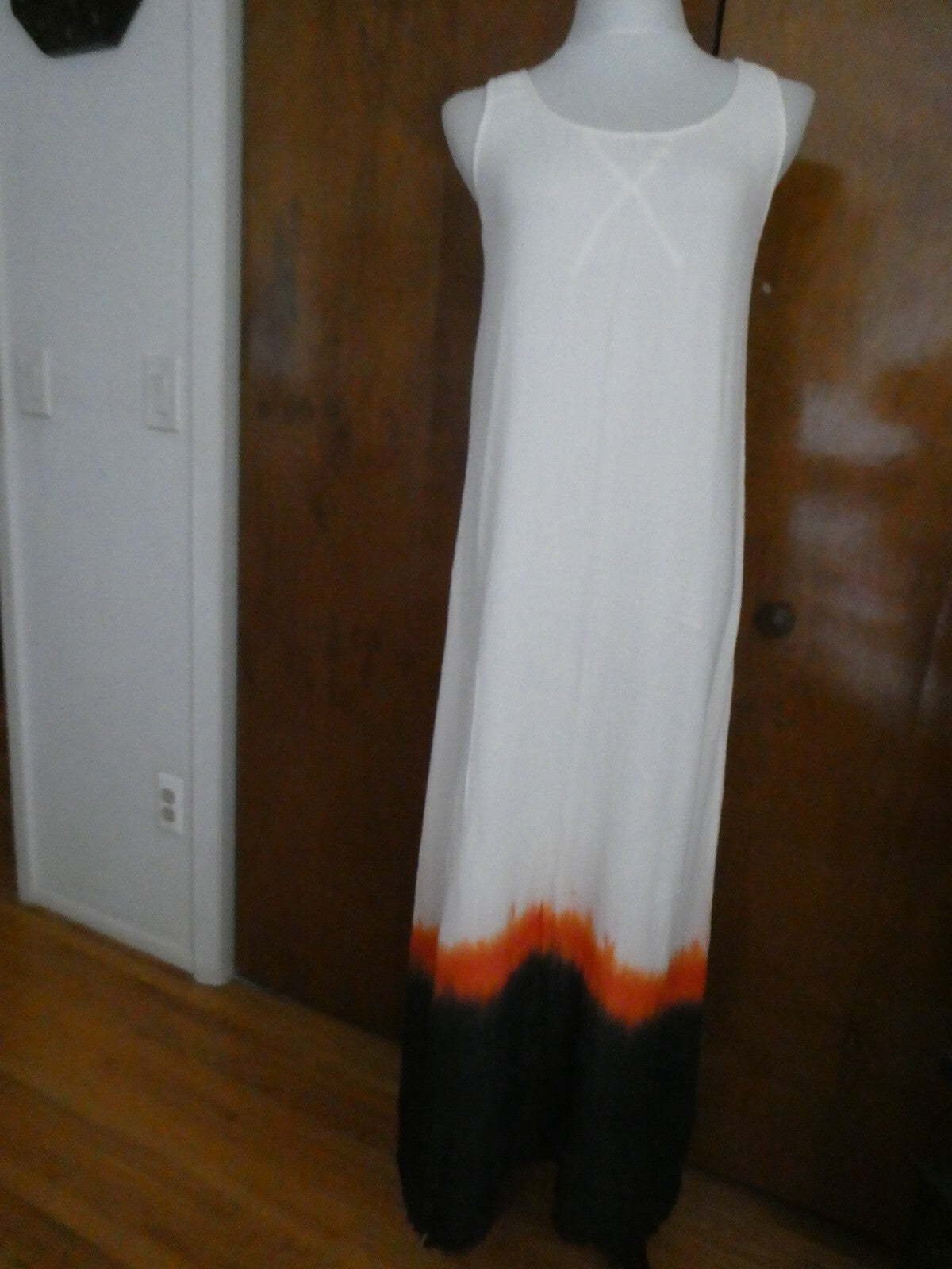 AIKO women’s beige maxi full lined dress hem orange/black bamboo/cotton Large