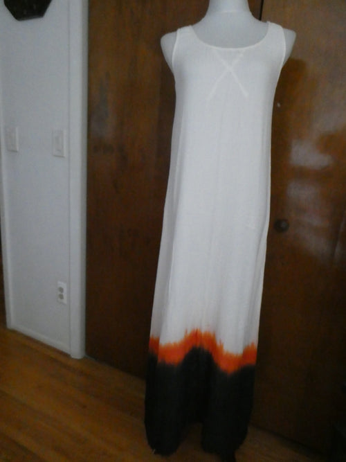 AIKO women’s beige maxi full lined dress hem orange/black bamboo/cotton Large