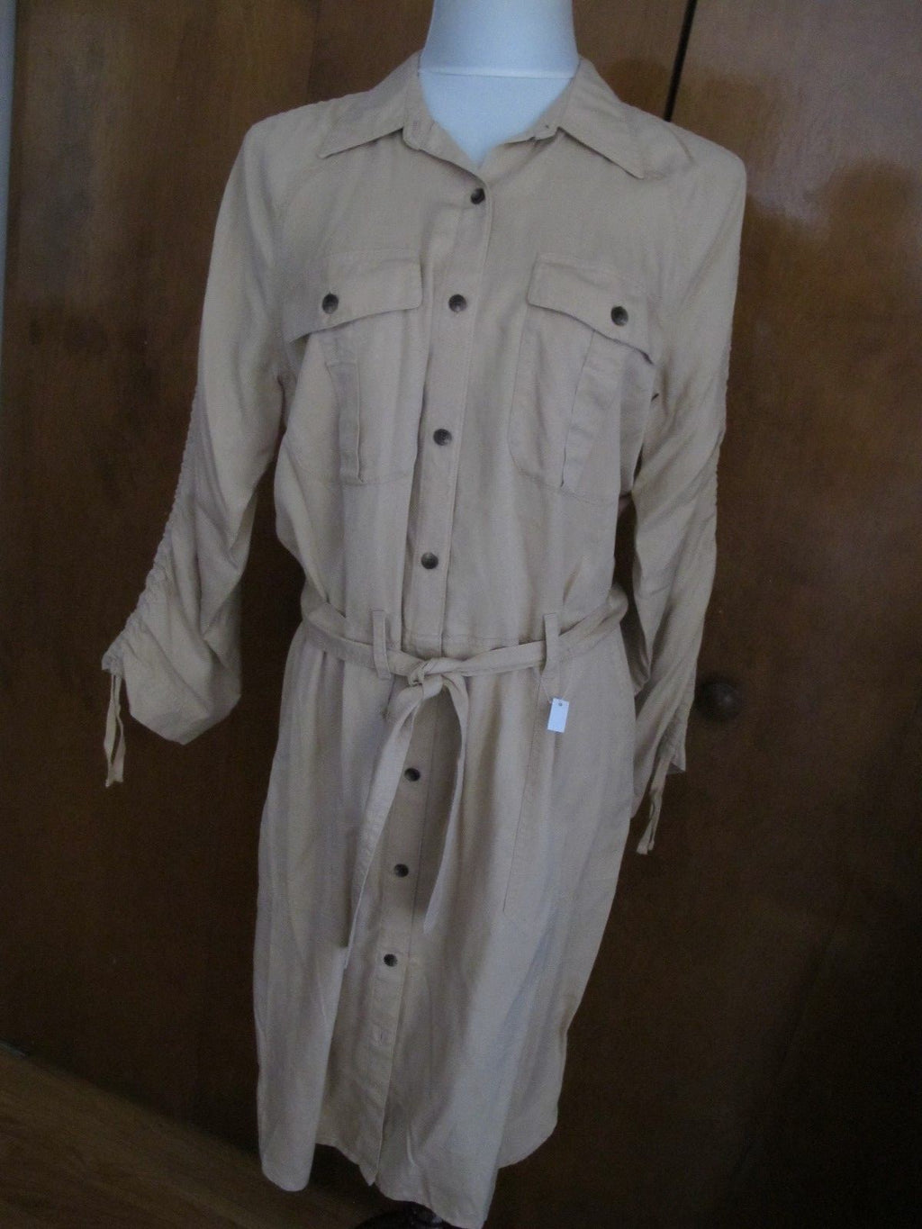 Lauren Ralph women beige ruched sleeve button down shirt dress New