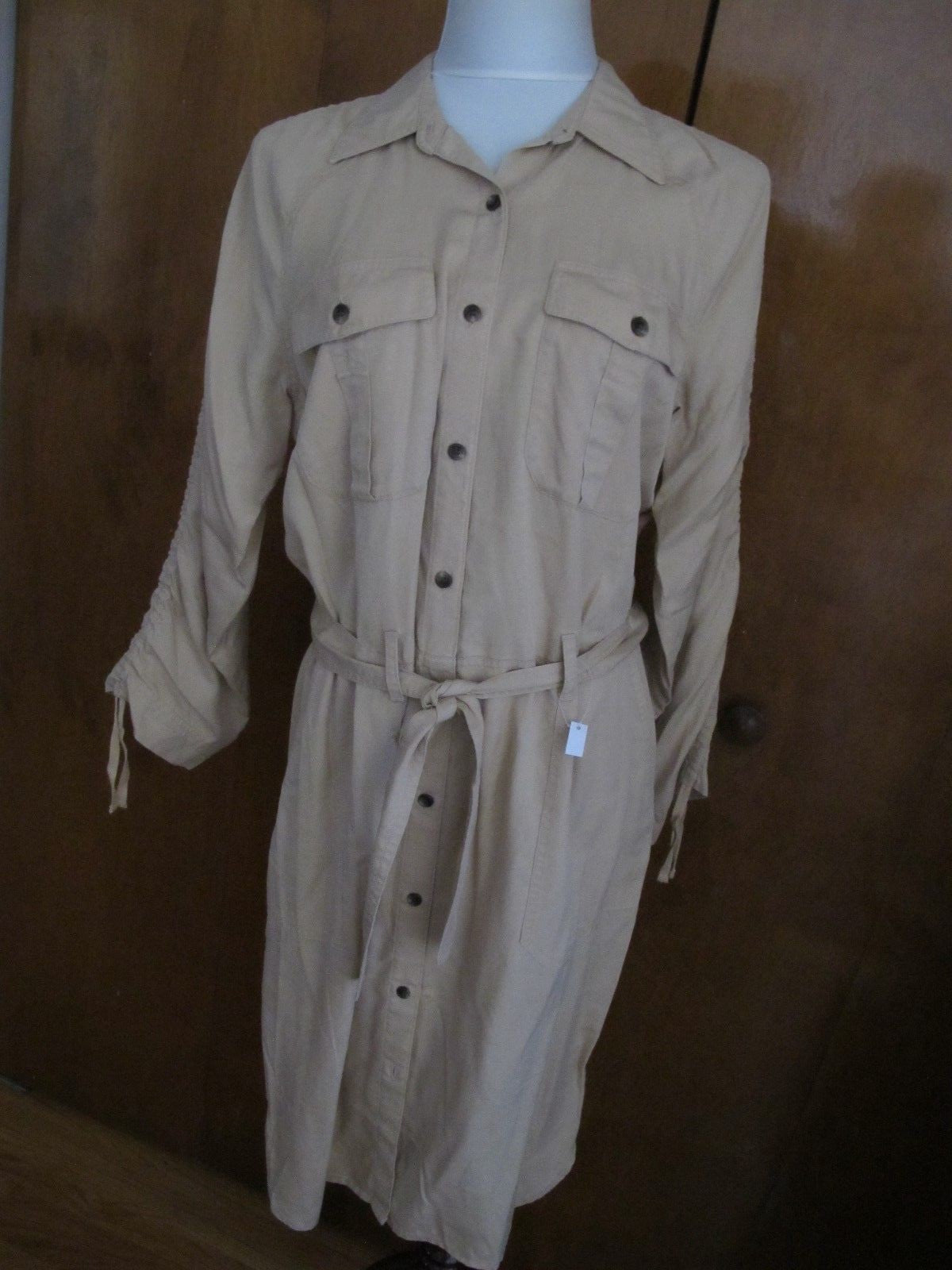 Lauren Ralph women beige ruched sleeve button down shirt dress New