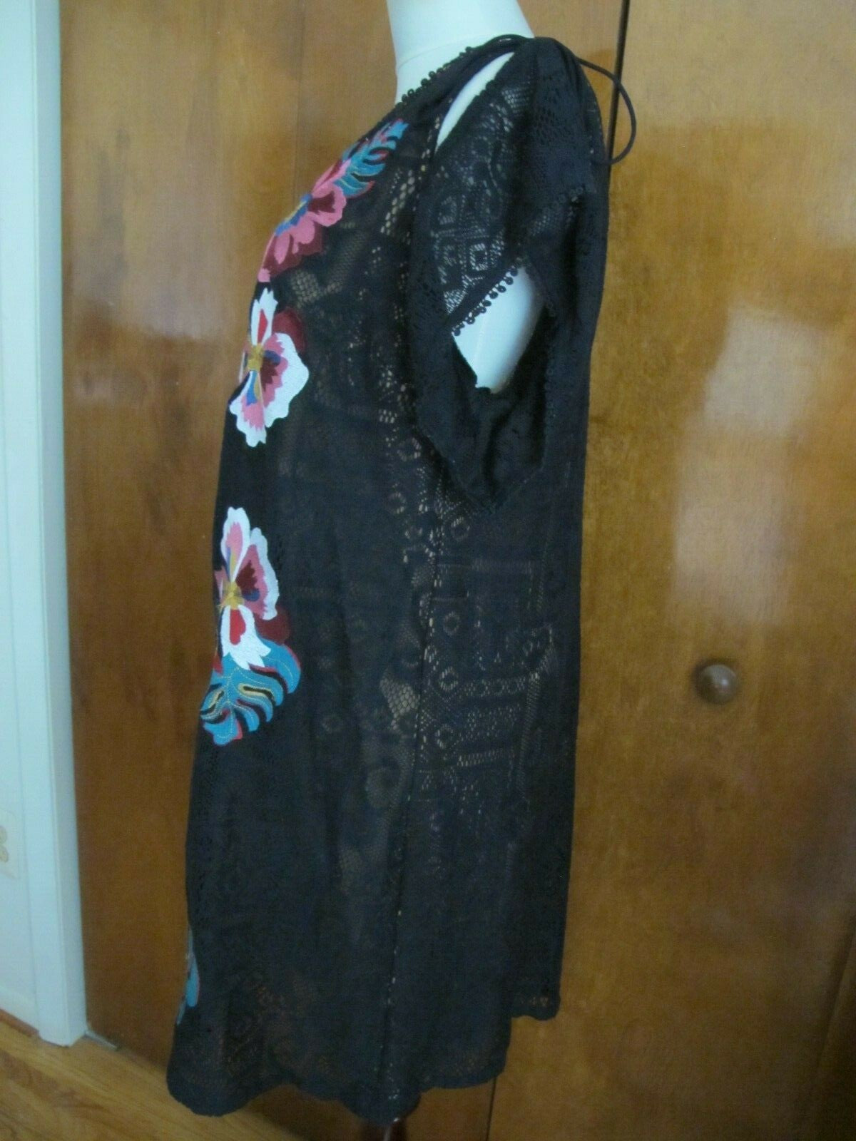 Anthropologie Ranna Gill Black Noir Embroidered Lace Cold Shoulder Dress  Large