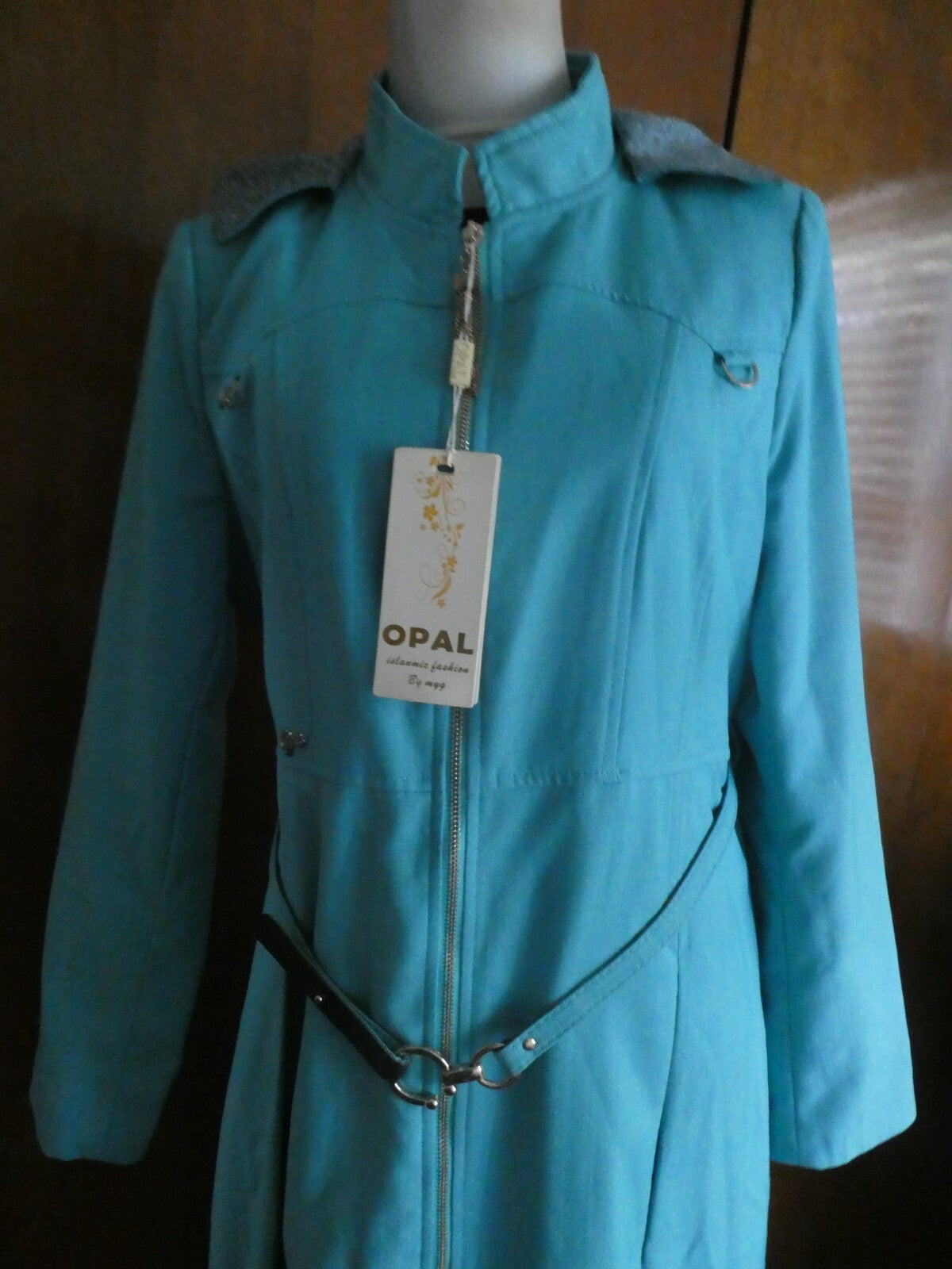 Opal Islamic women light sea green lined full zip belted long hooded coat US14