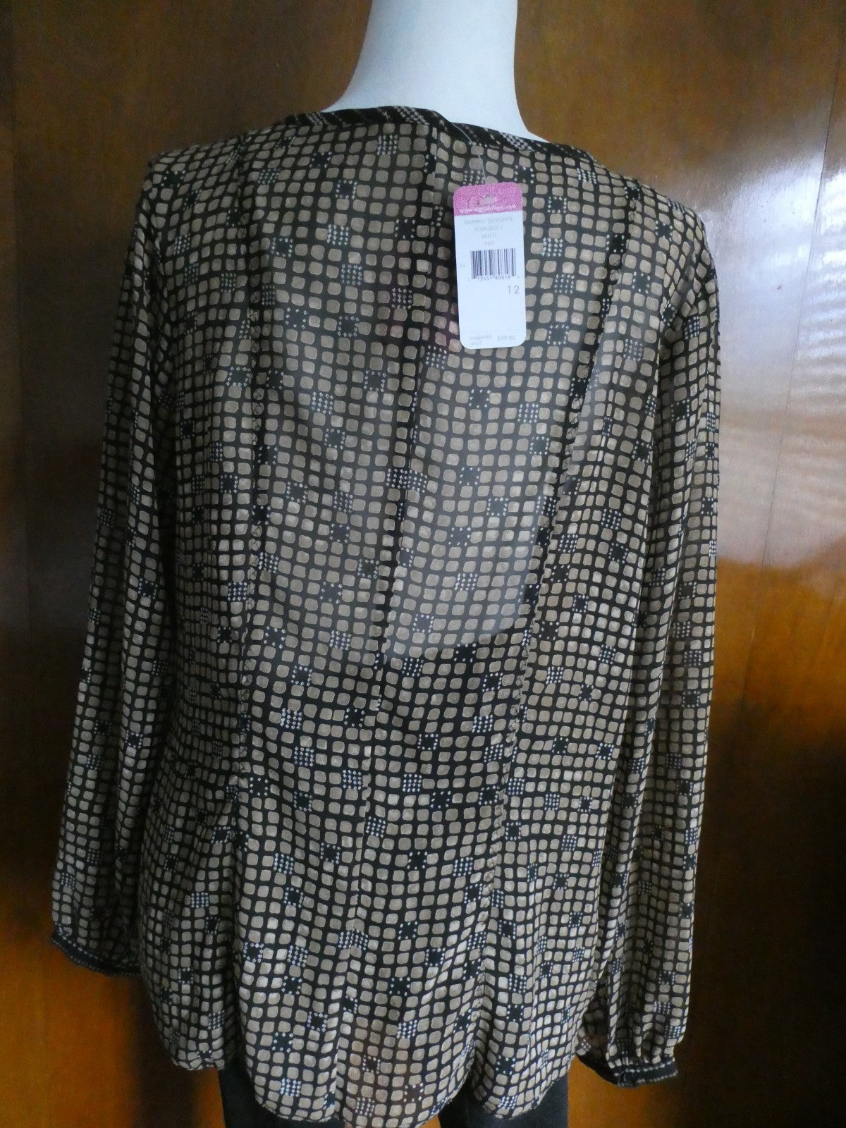 Sigrid Olsen Graphic Designer Blouse Women 12 Black Sheer Geometric Boho Top