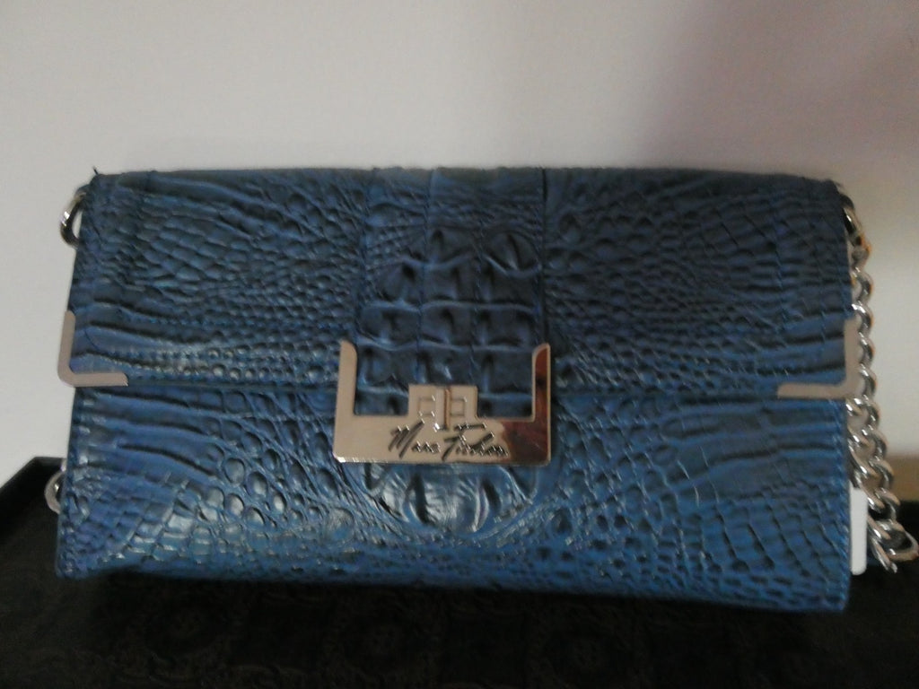 Mark Fisher Women’s Purse Handbag Blue Croc Print Faux Chain Clutch Silver Snap