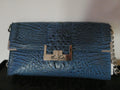 Mark Fisher Women’s Purse Handbag Blue Croc Print Faux Chain Clutch Silver Snap
