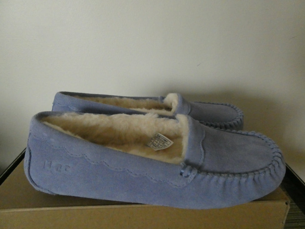 UGG Scalloped Moc Women Blue WLD Authentic Winter Suede Fur Moccasin Slipper 5,6