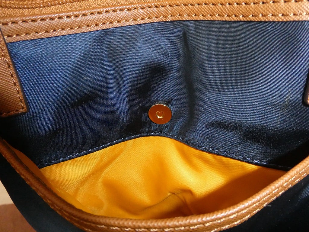 Michael Kors Navy Nylon Crossbody Bag Brown Trim 5 Pocket Gold Tone EUC