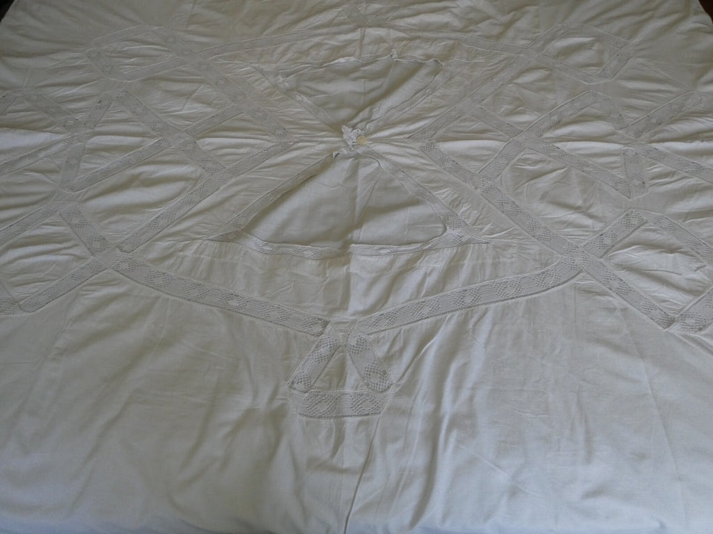 Vintage Crocheted Cotton Duvet Cover White 1970s 77”x 68" Custom Made