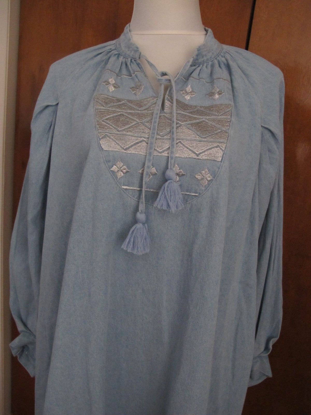 Anthropologie Knitted&Knotted Women Chambray Dress Embroidered Cotton Loose Fit