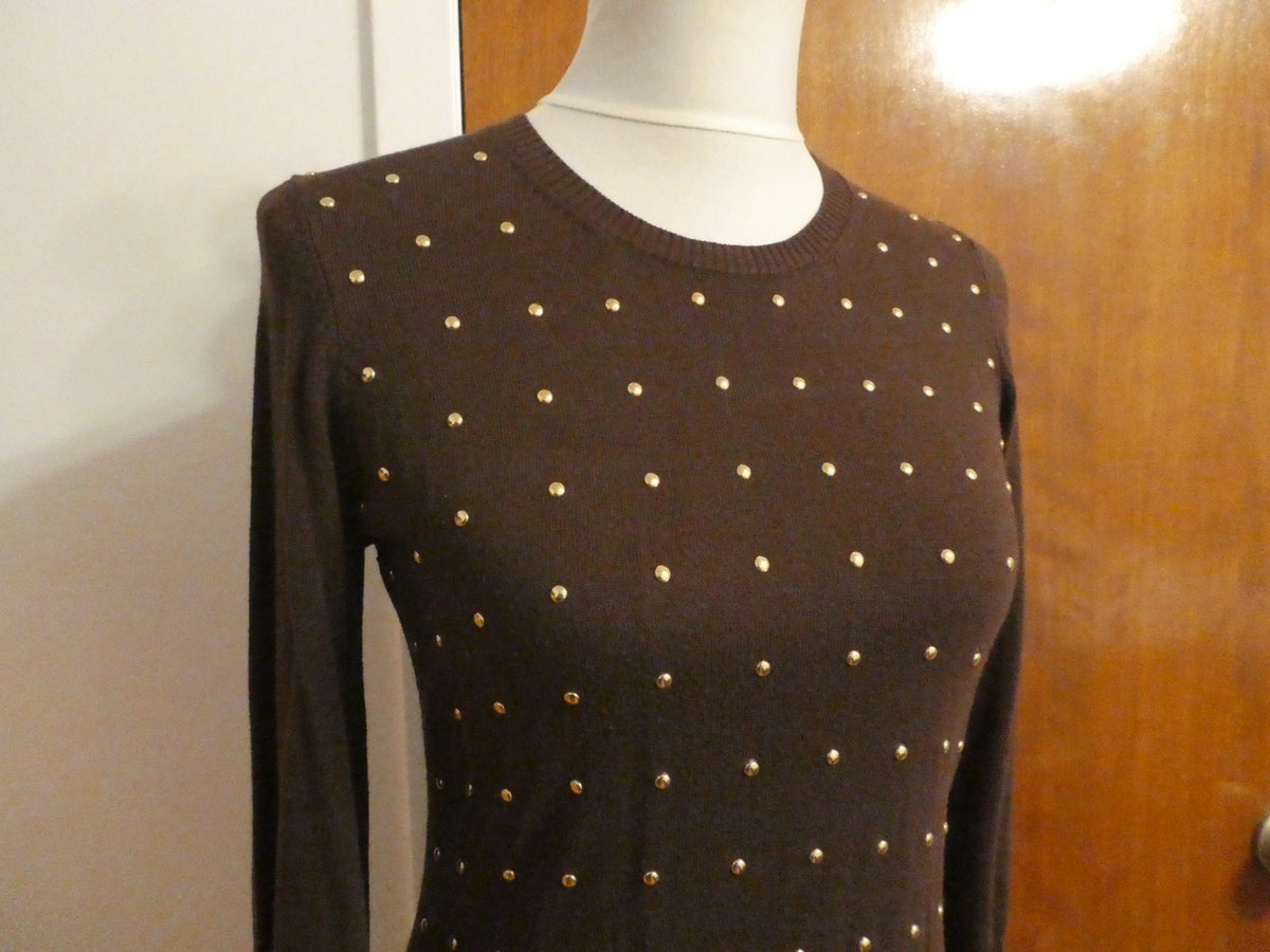 Michael Kors Studded Sweater Dress Size 2 Brown Gold Studded Long Sleeve Bodycon