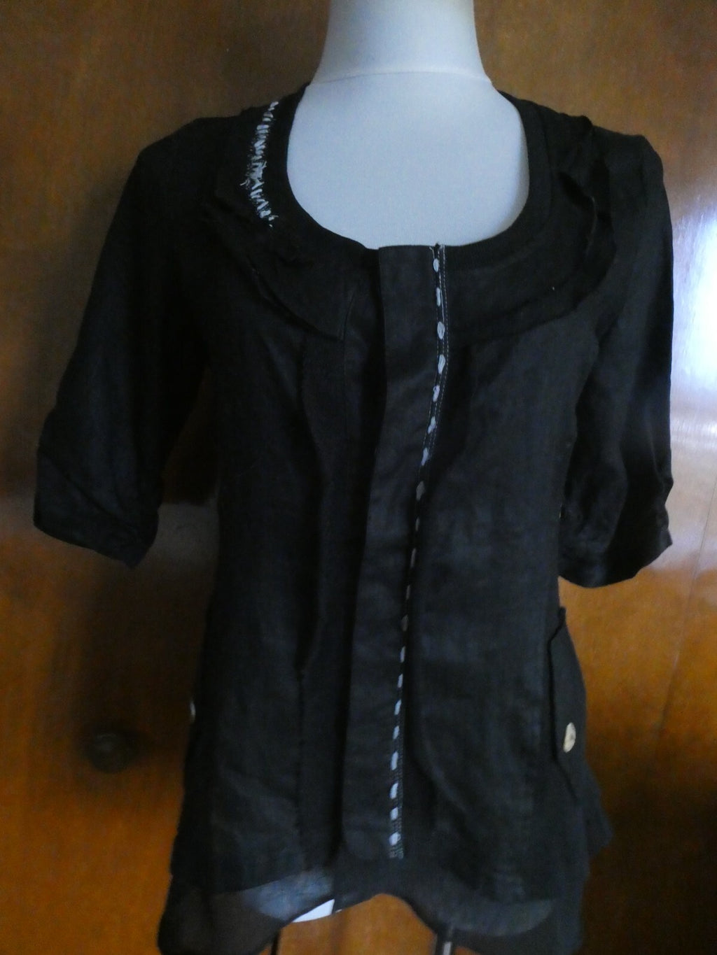 Pink Phoenix Women Black 100% Linen Small 3/4 Sleeve, Button Up, Semi Sheer Top