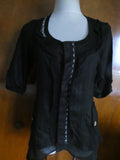 Pink Phoenix Women Black 100% Linen Small 3/4 Sleeve, Button Up, Semi Sheer Top