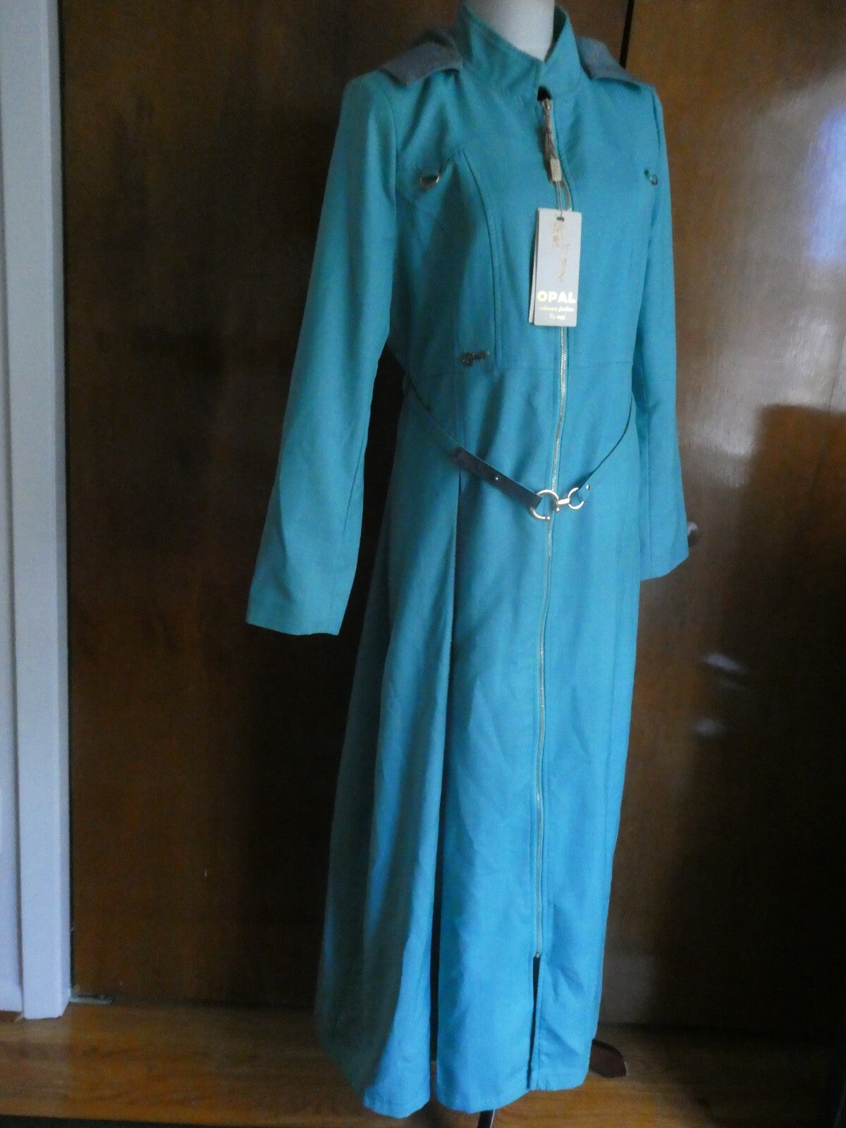 Opal Islamic women light sea green lined full zip belted long hooded coat US14
