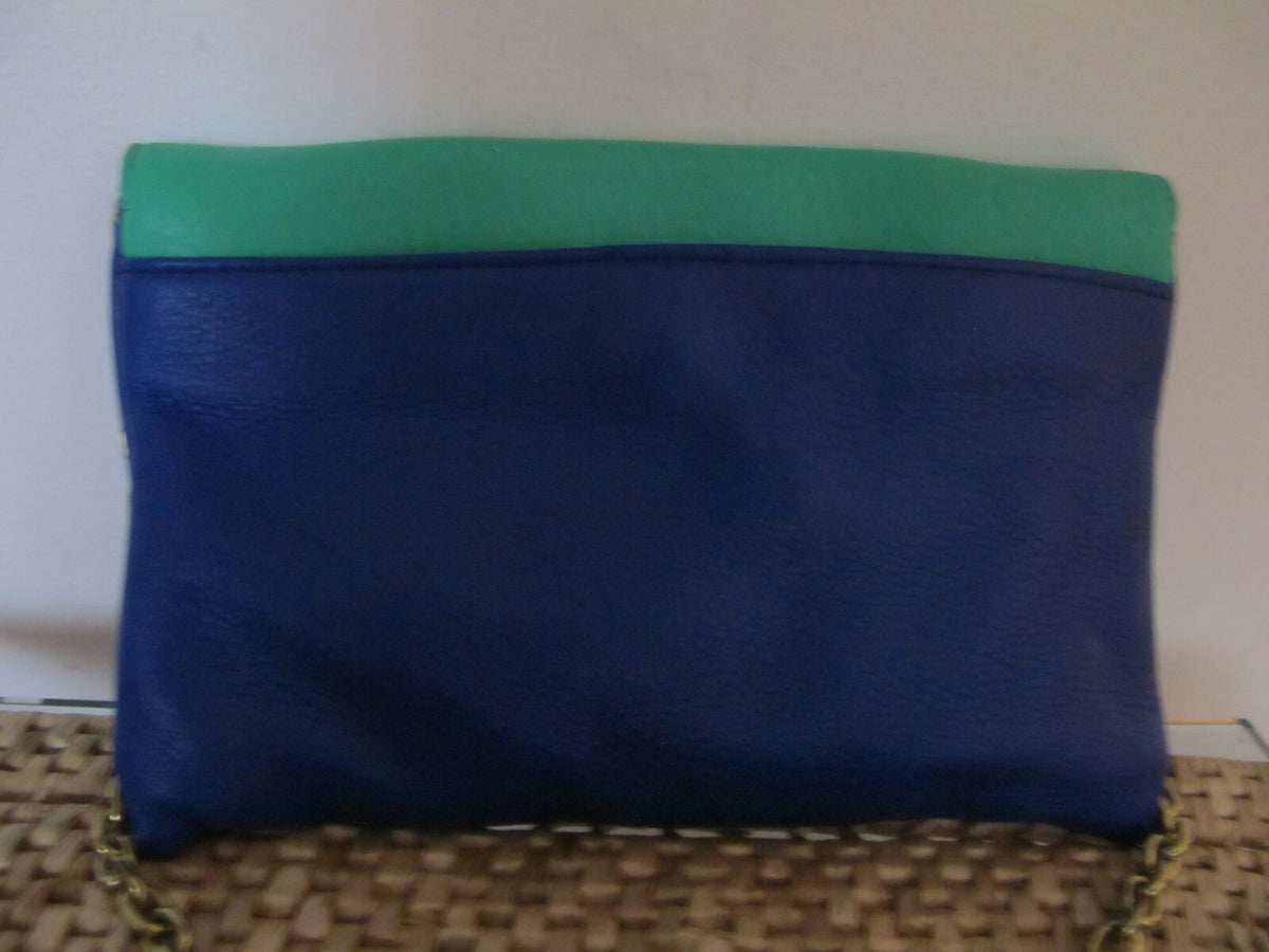 J CREW Women's Blue Green Pebbled Leather Shoulder Tote Bag Clutch Purse
