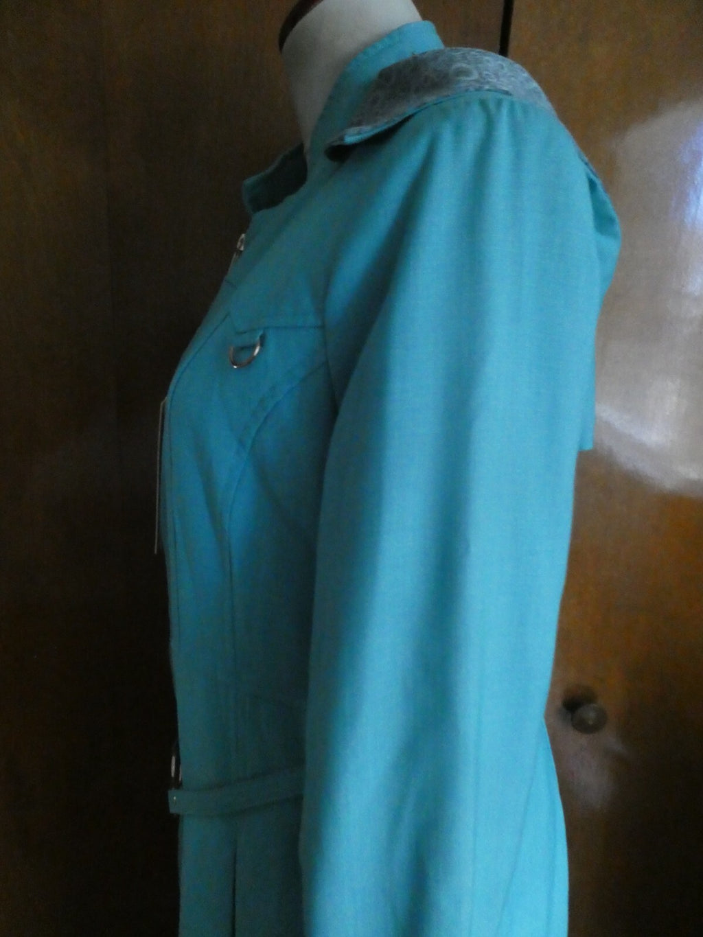 Opal Islamic women light sea green lined full zip belted long hooded coat US14
