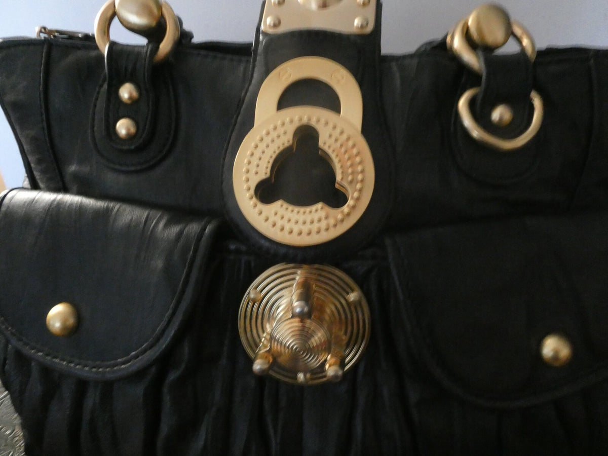 Steven by Steve Madden Women’s Black Genuine Leather Shoulder Bag Gold Turn Lock
