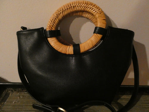 Anthropologie Black Small Rattan Handles Cross Shoulder Strap Handbag