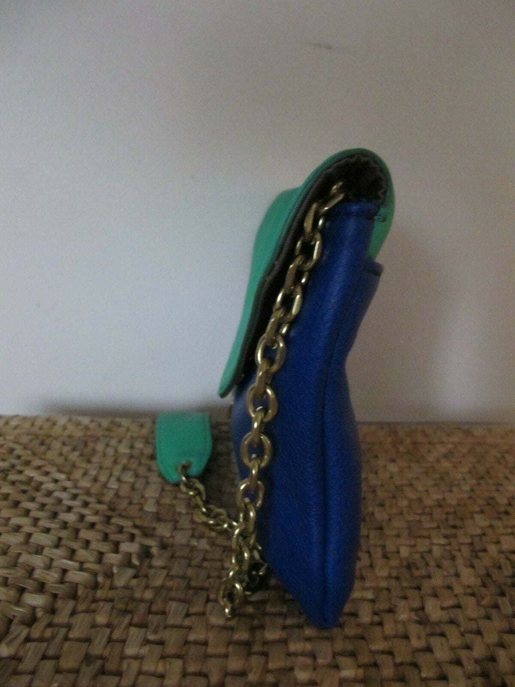 J CREW Women's Blue Green Pebbled Leather Shoulder Tote Bag Clutch Purse