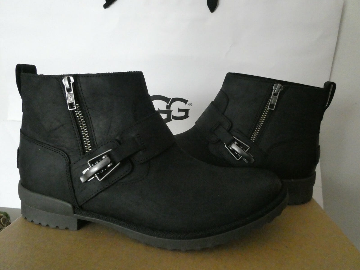 UGG Cheyne Women’s Waterproof Leather Sheepskin Black Buckle Ankle Boots 9.5, 11