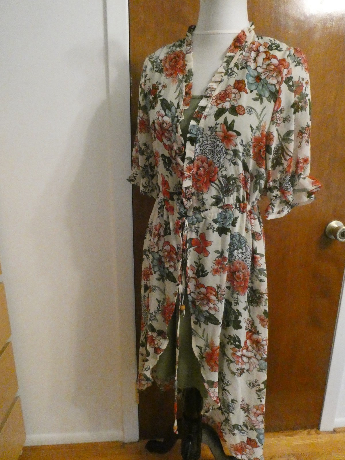Liberty Love 2Pc Floral Chiffon Duster Dress Set Olive Green Asymmetrical Medium