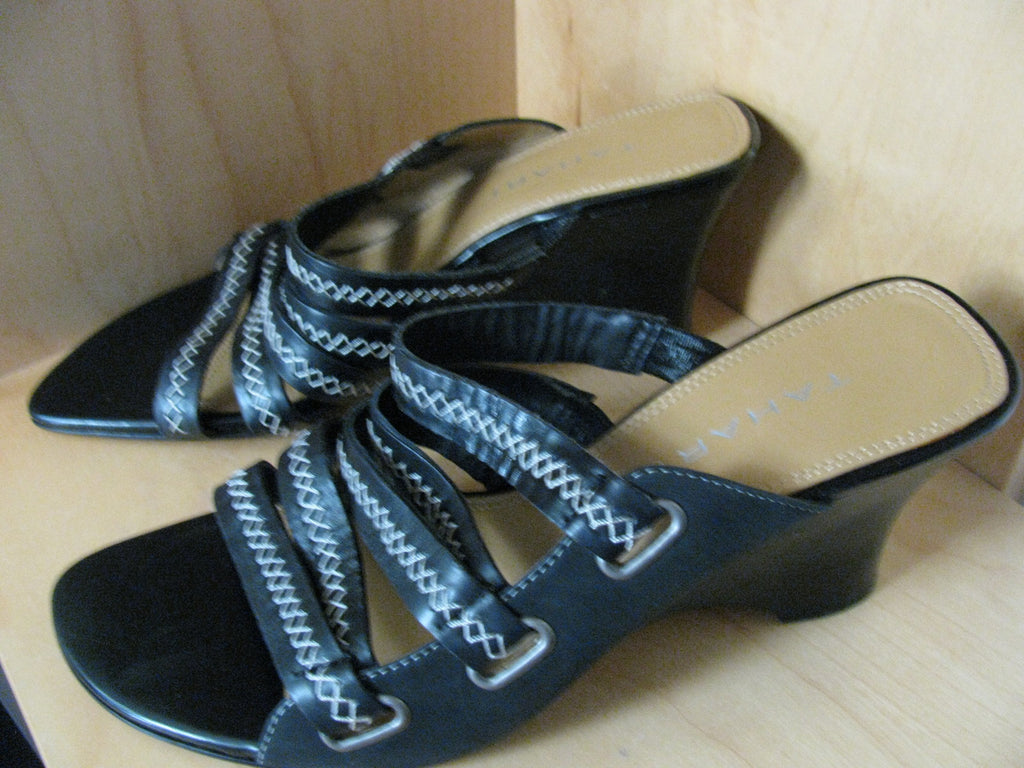 Tahari Lars Women's Leather Strappy  Back Wedge Sandals 7.5M 