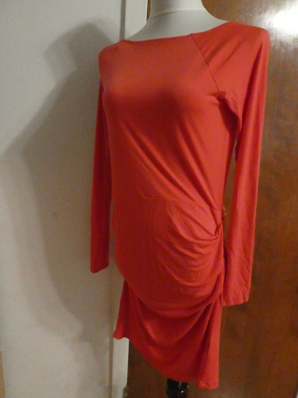 Rachel Roy Women’s Pinkish Deep Bright Red Gathered Long Sleeves Dress run small