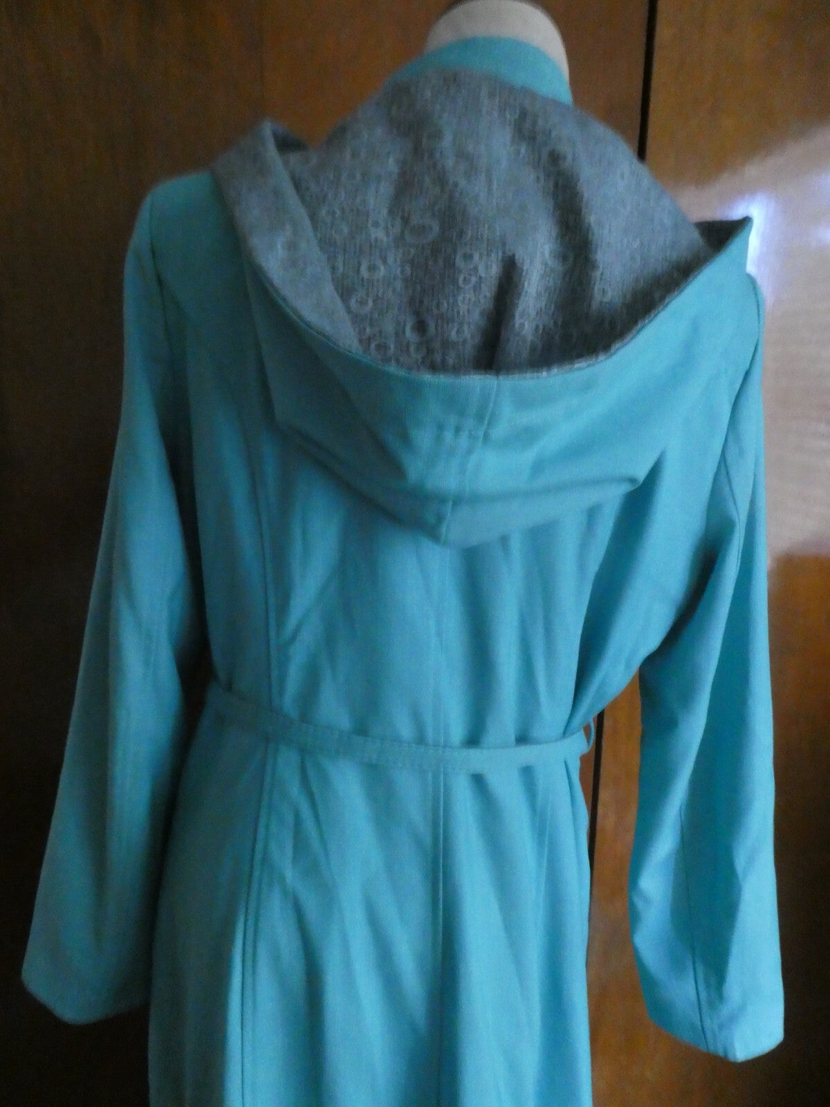 Opal Islamic women light sea green lined full zip belted long hooded coat US14