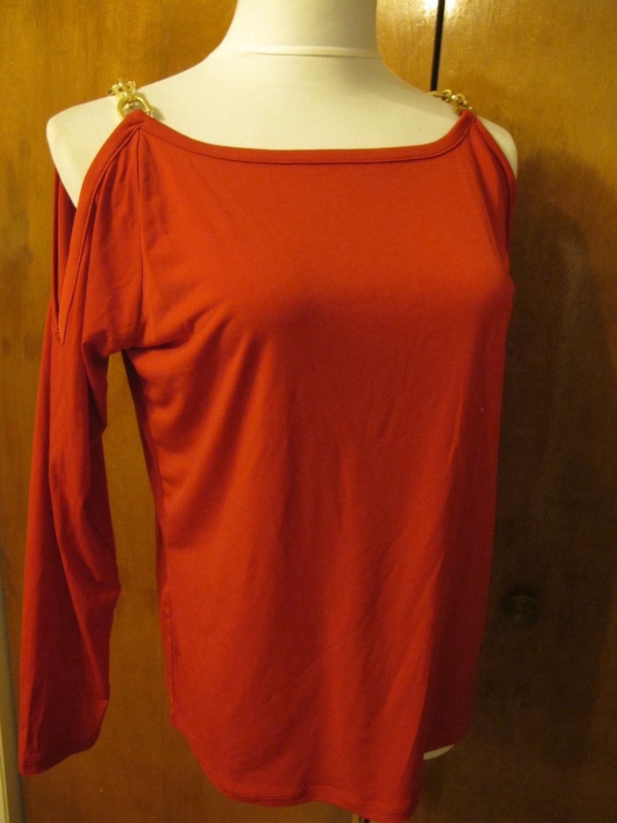 Michael Kors women’s red chain trim gold shoulder top New